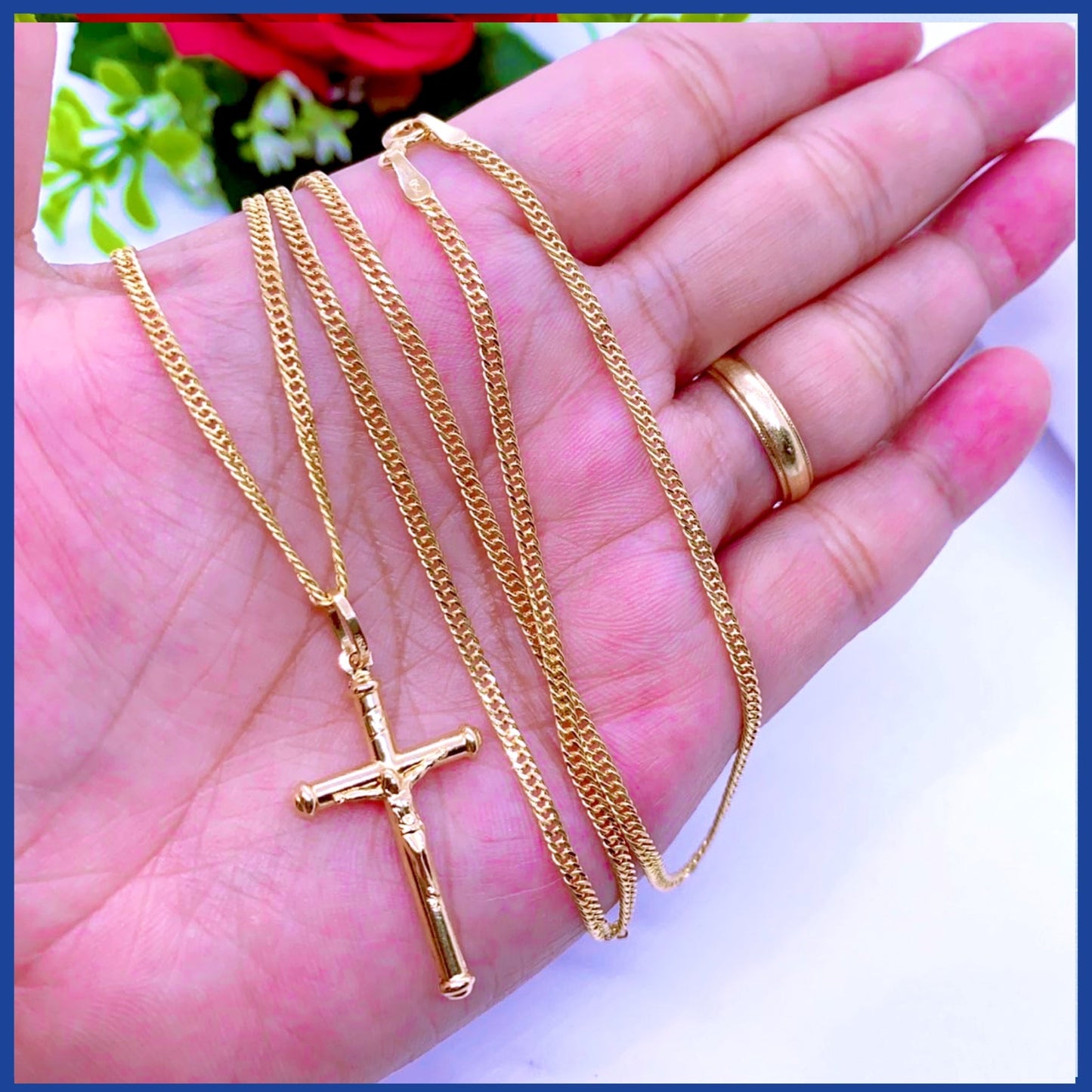 18K Real Gold Cross Necklace 24”
